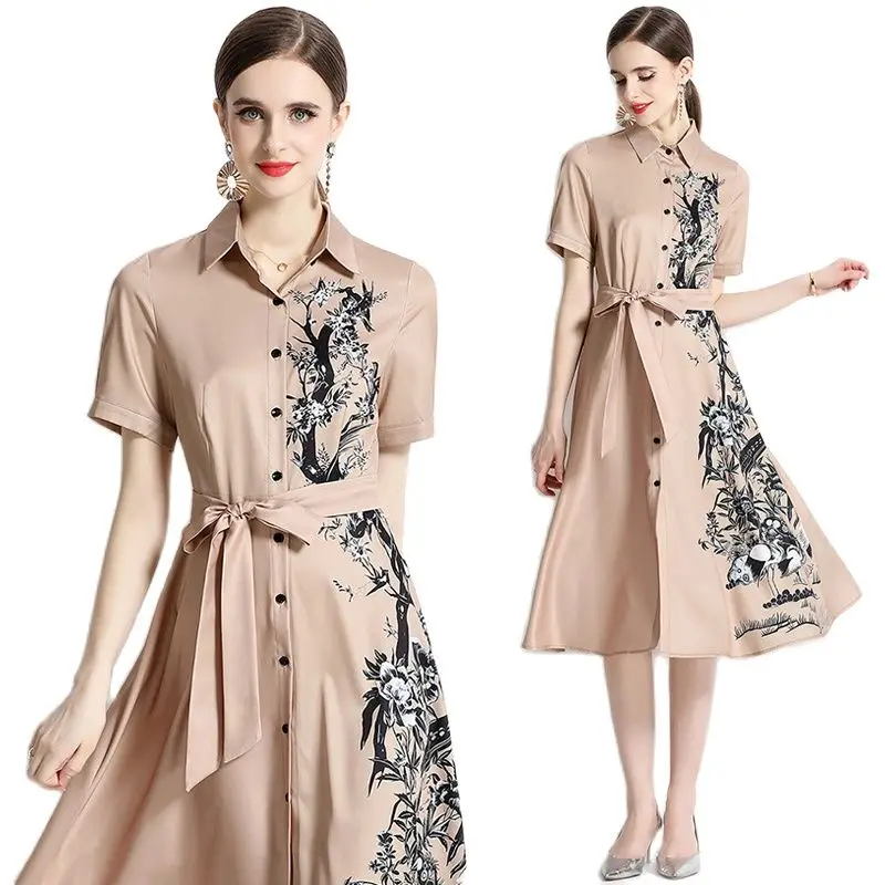 

Summer Lapel Ribbon Lace Up Bow Shirt Dress Short Sleeve 2023 Women Designer Vacation Print Slim Party Brown Dresses Ballgown