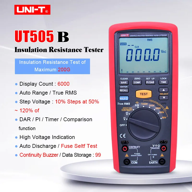 

Ручной тестер сопротивления изоляции UNI-T UT505B; Цифровой мультиметр True RMS, Измеритель постоянного и переменного тока, Омметр, мегомметр 1 кВ, хранение данных