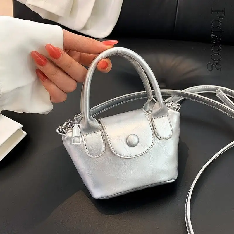 

Y2K Style Mini PU Leather Silver Crossbody Bags With Short Handle For Women 2023 Fashion Female Handbags And Purses
