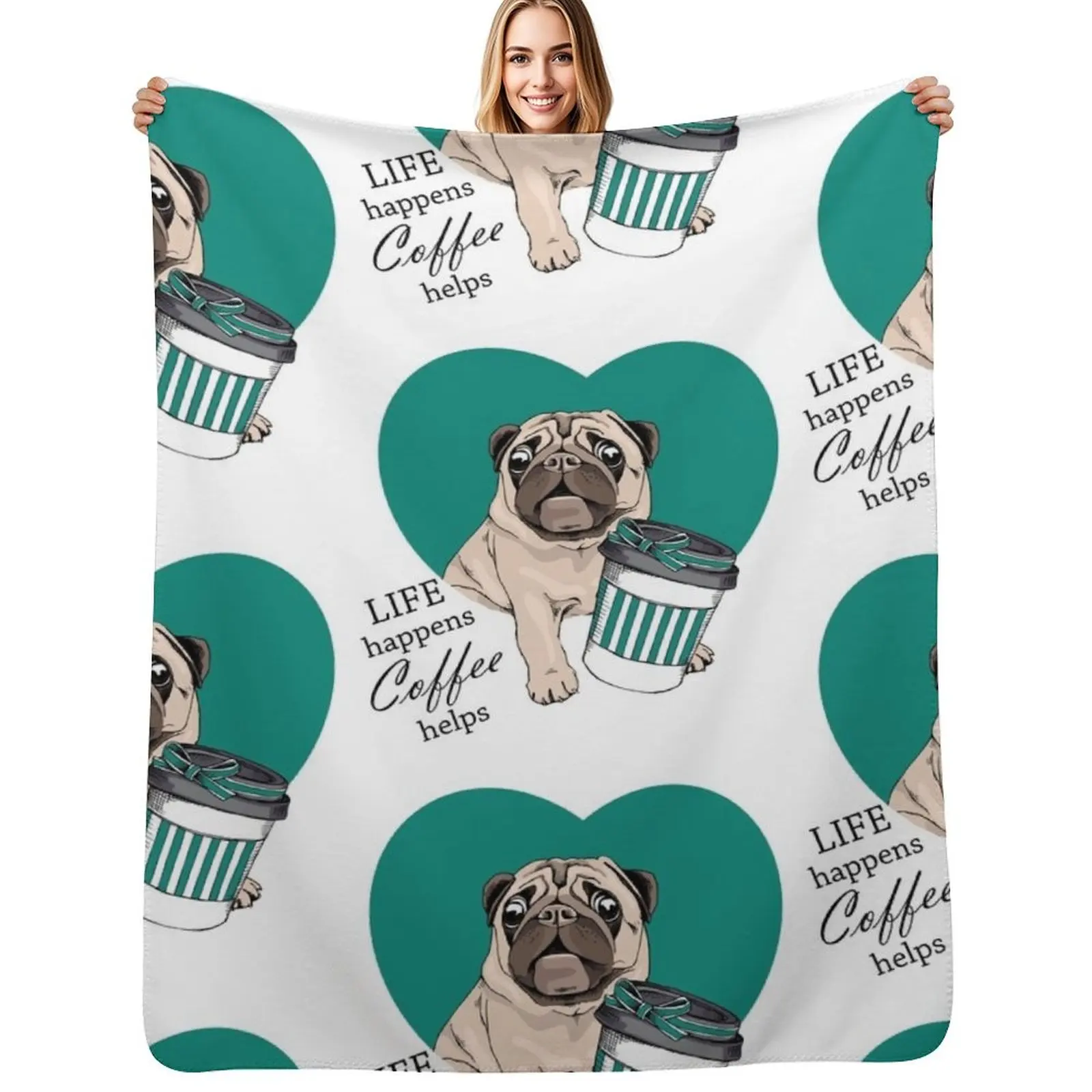 Фото Sweet Pug: Жизнь продолжается, кофе помогает. Роскошный мягкий плед, праздничный подарок для семьи. №1