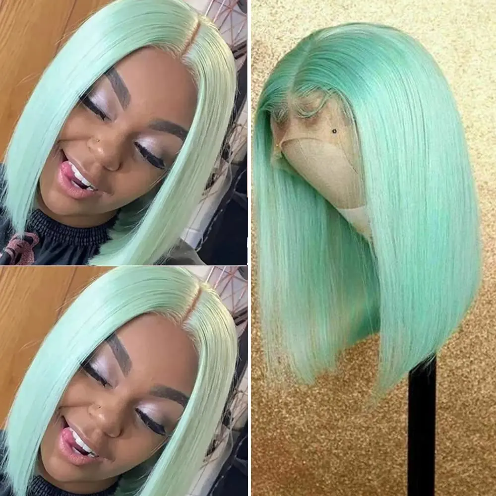 

Colored SHORT Bob Straight Lace Front Human Hair Wigs 13x4 Mint Green Red Blue Purple HD Transparent Human Hair Lace Frontal Wig