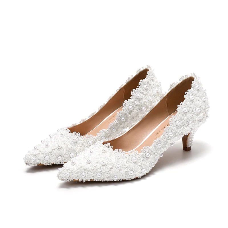 

Solid Pointed Toe High Heels shallow shoes Pearl Shoes Wedding Shoes Dress bride shoes Lace Flower Low Top Pumps Women's Shoes