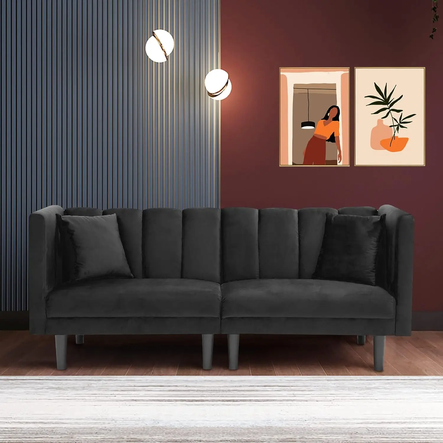 

Convertible Velvet Futon Bed, Modern Sleeper Sofa with 2 , 3 Adjustable Angles for Backrest, Living Room Couch with 7 Sturdy Met