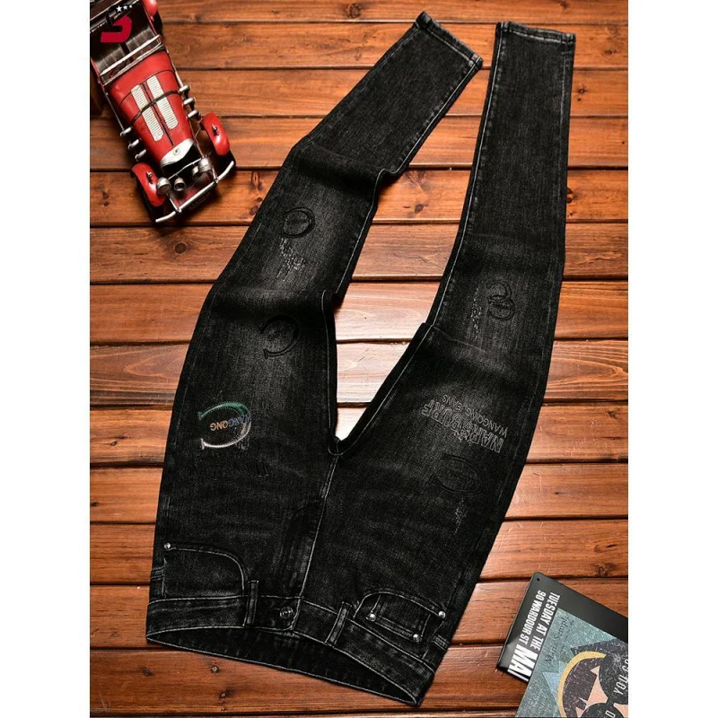 Высококачественные модные мужские джинсы брендовые эластичные брюки с вышивкой