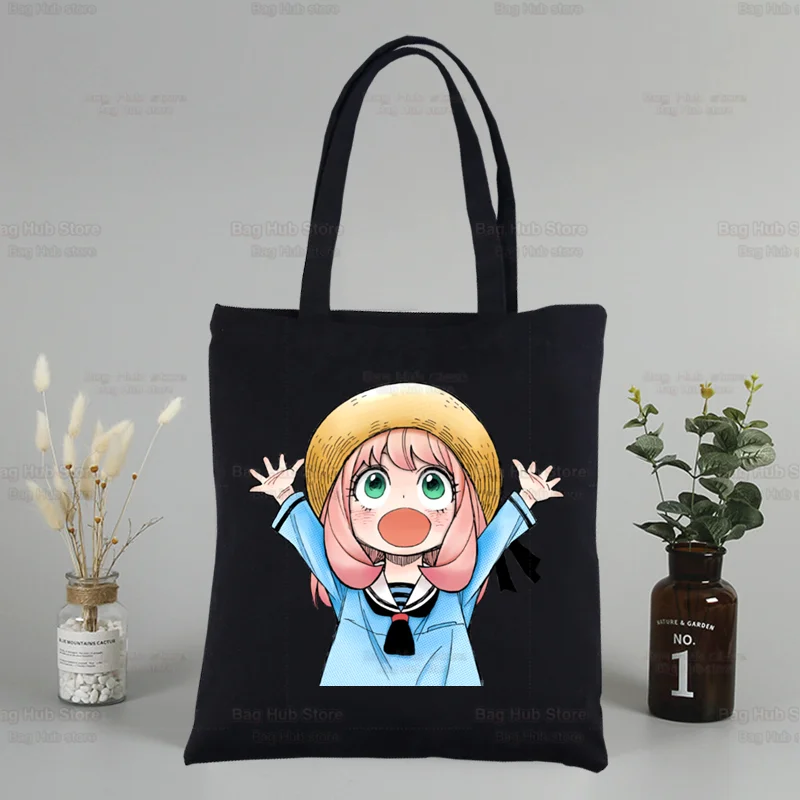 

SPYFAMILY Anya Smug Canvas Tote Japanese Anime Spy x Family Black Bags Casual Girl Tote Eco Shopper SpyFamily Shoulder Bags