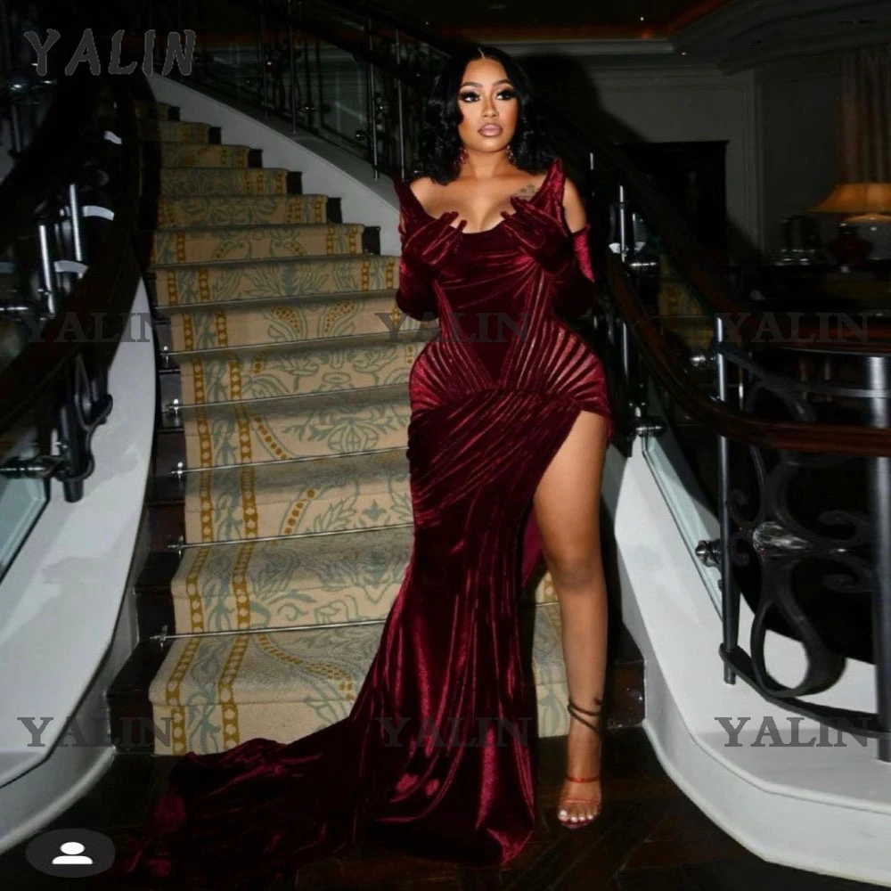 

YALIN Simple Off The Shoulder High Slit Evening Dresses Sweep Train Sleeveless Prom Gown Backless Burgundy Mermaid Dress Plus
