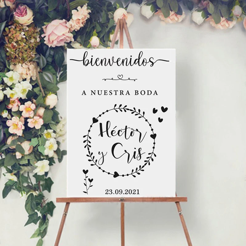 

Bienvenidos Sign Wedding Stickers Custom Names and Date Vinyl Decal Spanish Wedding Welcome MIrror Board Sticker Decoration Art