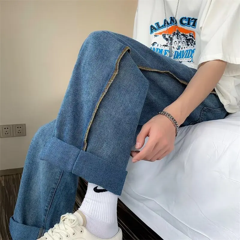 Mens Side Striped Fashion Jeans Blue Drawstring All-match Trousers Korean Style Streetwear Loose Wide-leg Pants