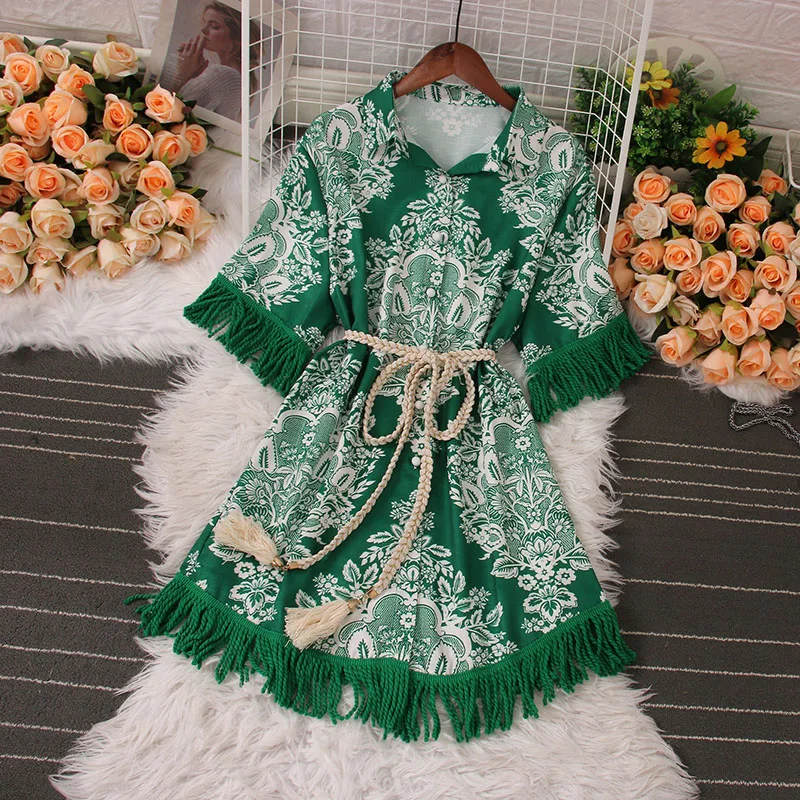 

Женское винтажное платье с кисточками, летнее новое универсальное однобортное мини-платье с коротким рукавом и воротником-поло