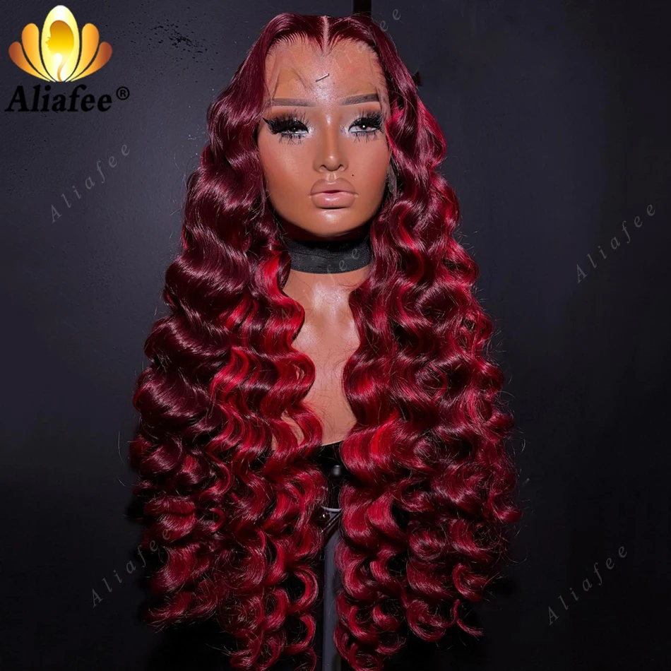 Wine Red 99J Highlight Curly 13X6 Кружевной фронтальный парик Человеческие волосы