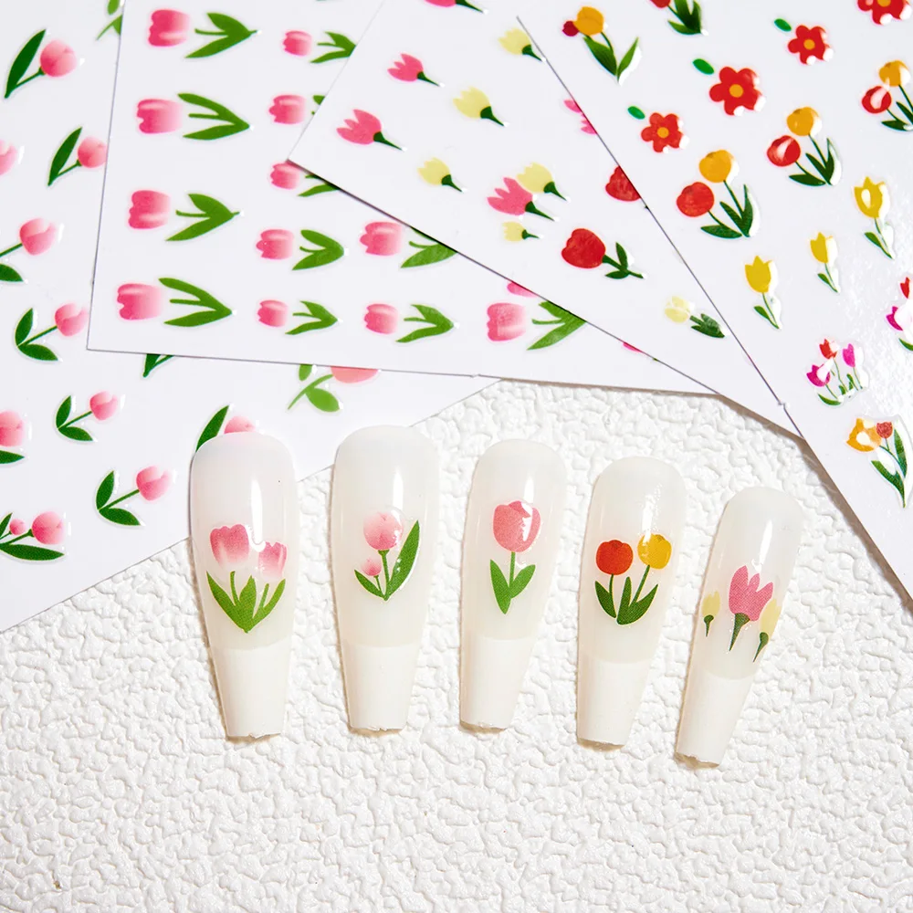 

6pcs/Set Tulip Nail Art Stickers Kawaii White/Yellow Colorful Flower Manicure Sticker Glue Decals Transfer Sliders Nail Art Deco
