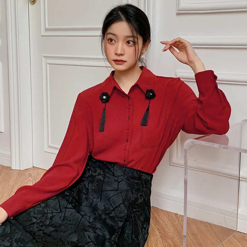 

Chinese Red Vintage Elegant Women Shirt Tops Long Sleeve Casual Loose Ladies Blouse Blusas Mujer De Moda 2022 Spring Autumn