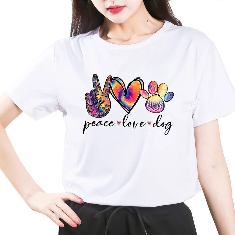 

Fashion Women Dogs Paws T Shirt Peace Love Dogs Funny Casual O-neck Short Sleeves T-shirt Summer Kawaii Female Tee Shirt