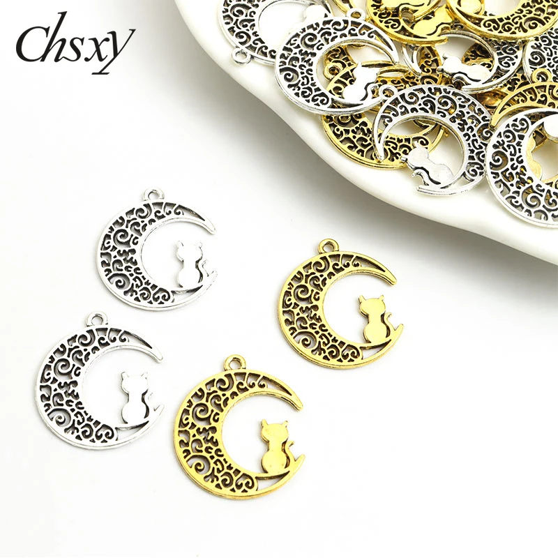 

10pcs Moon Cat Charms 28.2*24.1MM Antique Gold/Silver Color Cute Pendants for Jewelry Making Necklaces Bracelets DIY Accessories