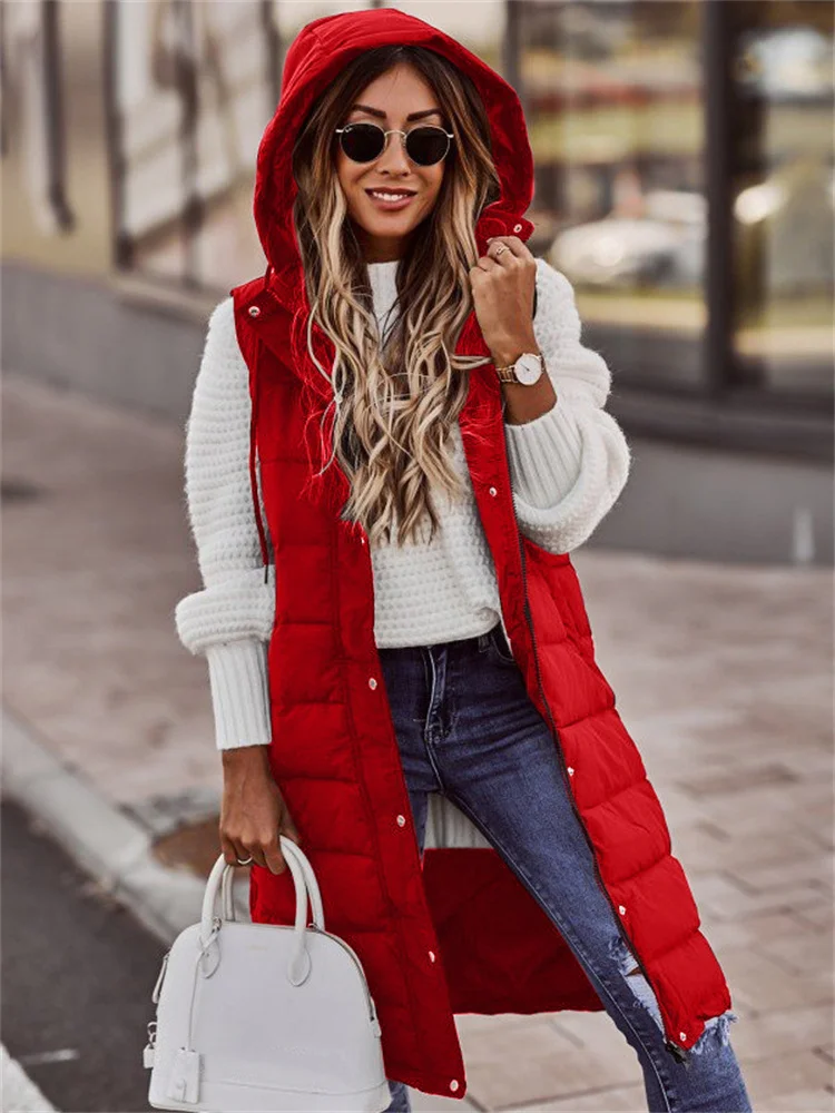 Cotton Coat Women Sleeveless Light Thin Long Slim Hooded Waistcoat 2023 Autumn Winter New Fashion Temperament White S-5XL Coats