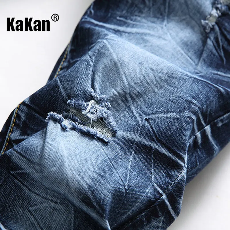 Kakan - European and American New Deep Blue Perforated Jeans for Men, Worn Out Stretch Trendy Straight Length Jeans K36-613