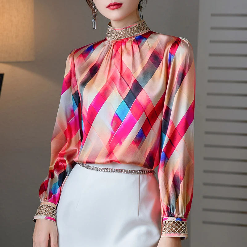 

Real Silk Women's Satin Shirt Spring Autumn Hollow Out Stand Collar Long Sleeve Woman Shirts Blouses Female Plaid Print Blouse