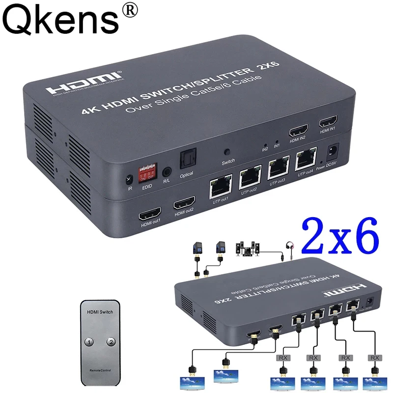 

Удлинитель HDMI, 4K, 30 Гц, 100 м, 2x6, HDMI-переключатель, разветвитель, передатчик, 2 входа HDMI, выход + 4 канала, удлинитель кабеля RJ45 Ethernet