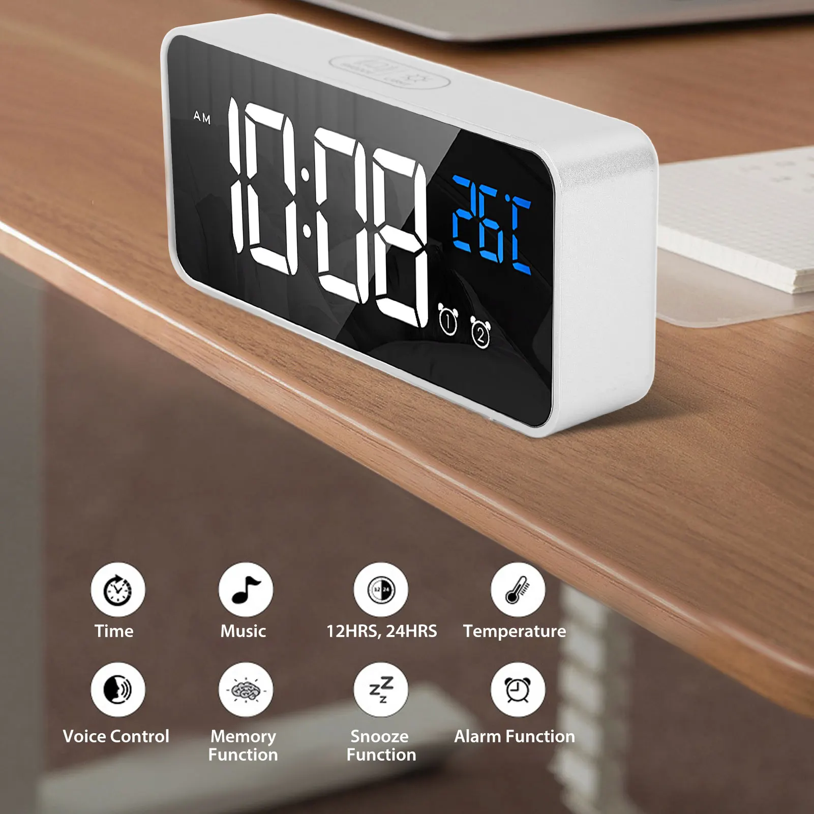 Two Sets Of Alarm Rechargeable Voice Activated Digital Desk 
