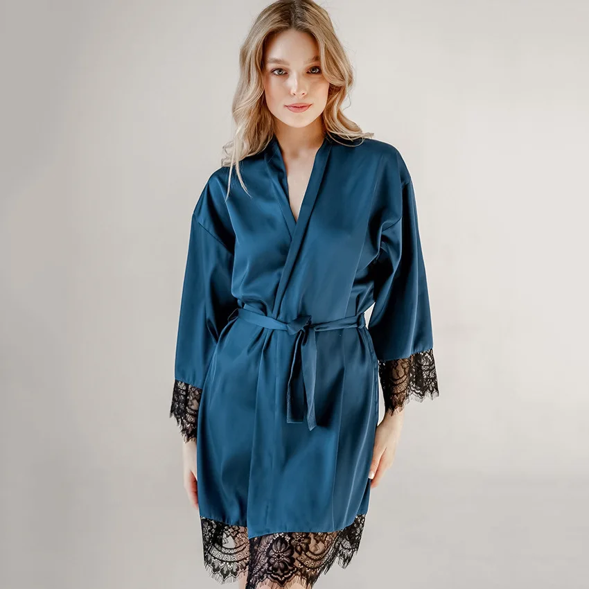 

Flame Of Dream Bathrobe Dark Blue Satin Fashion Summer Thin Women's Clothes 22803