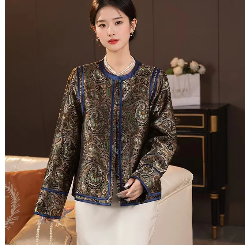 Осенняя новая шелковая куртка с круглым вырезом и хвостом Феникса в стиле ретро