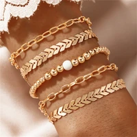 5pcset bohemian leaf gold color bracelets women geometric beads layered hand chain charm bracelet wristband adjustable jewelry