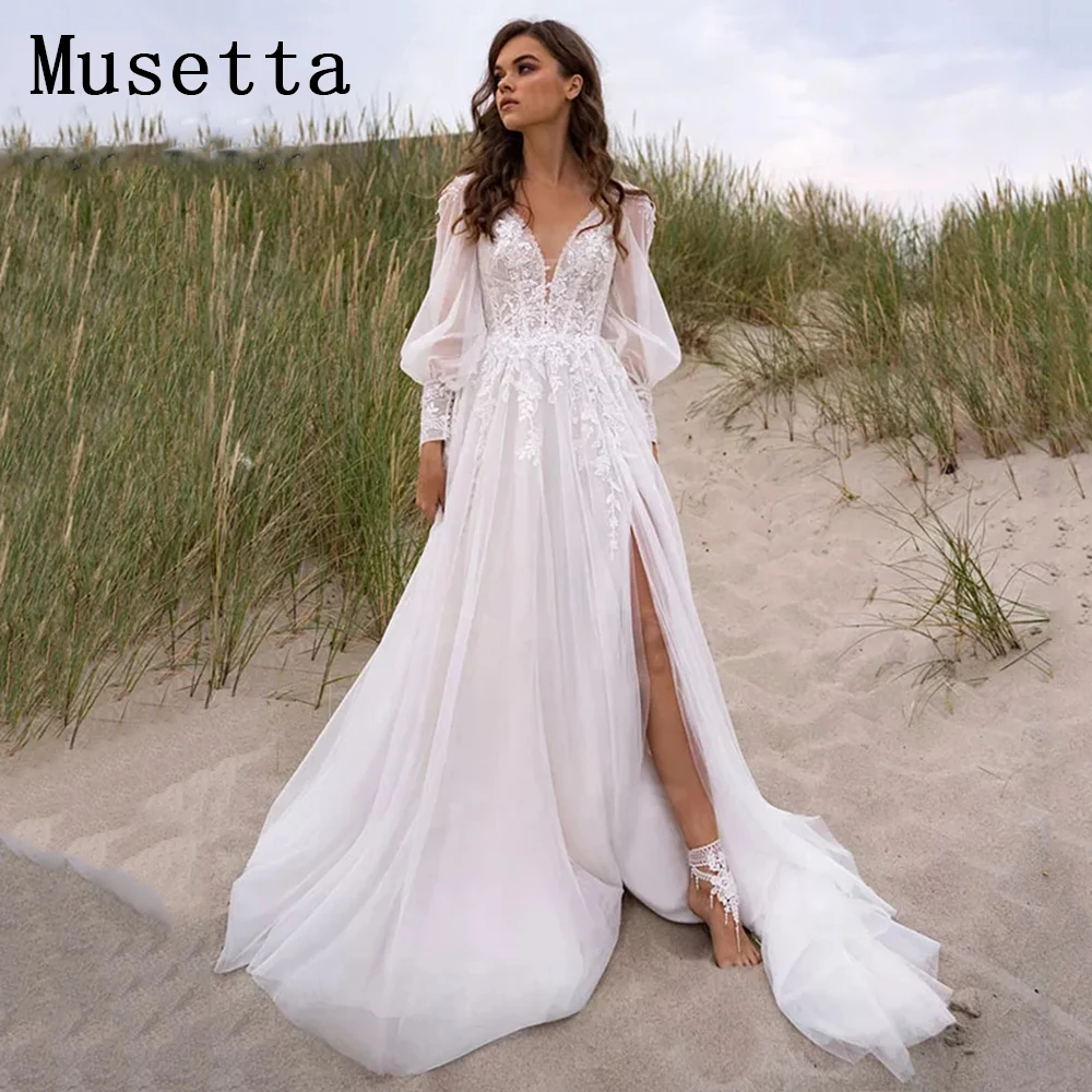 Musetta Beach V คองานแต่งงานชุด2022แขนพัฟ High Slit Backless ชุดเจ้าสาวลูกไม้ Applique Tulle Robe De Mariée