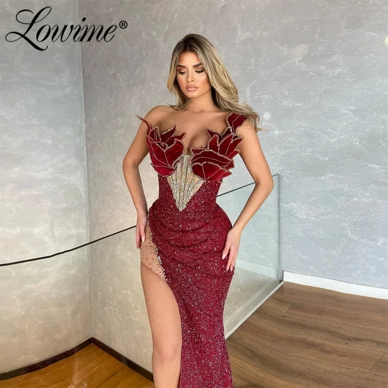 

Lowime Burgundy High Split Side Prom Dresses Hot Sexy Beading Crystals Women Evening Pageant Party Gowns Customized Evening Wear
