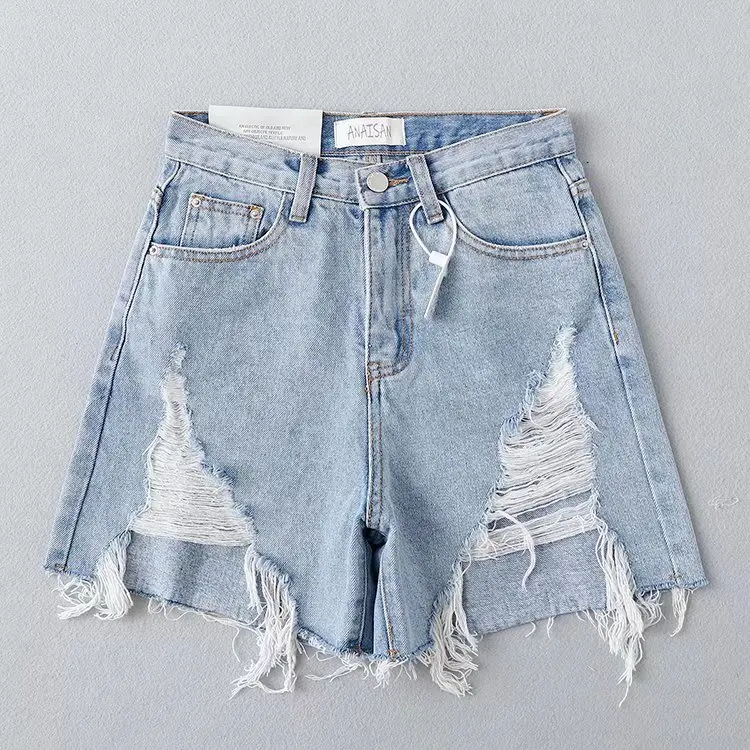 Withered Fashion with Holes Mom Denim Bermuda Ins Blogger High Street American Retro Solid Color Washed Whiskered Shorts