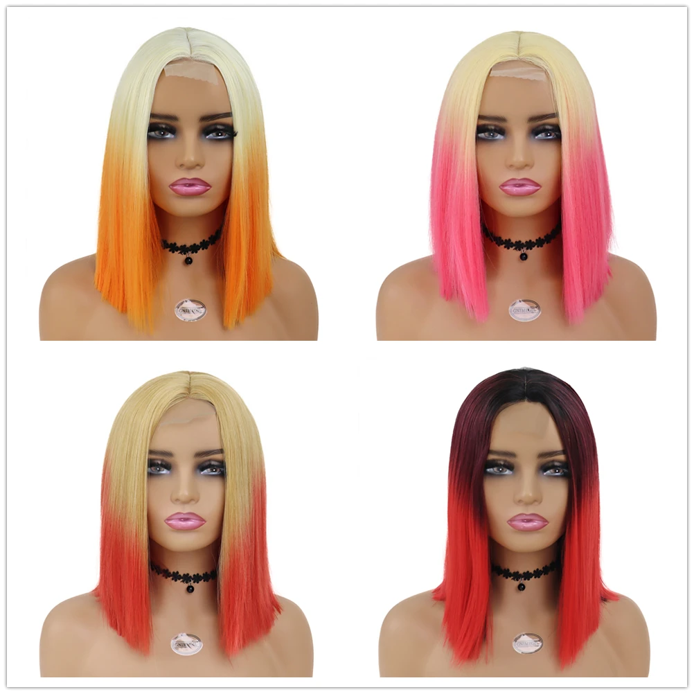 GNIMEGIL Synthetic Short Wig for Woman Orange Cosplay Wig Ombre Blonde Wigs Natural Straight Bob Wig Lace Forehead Costume Wig