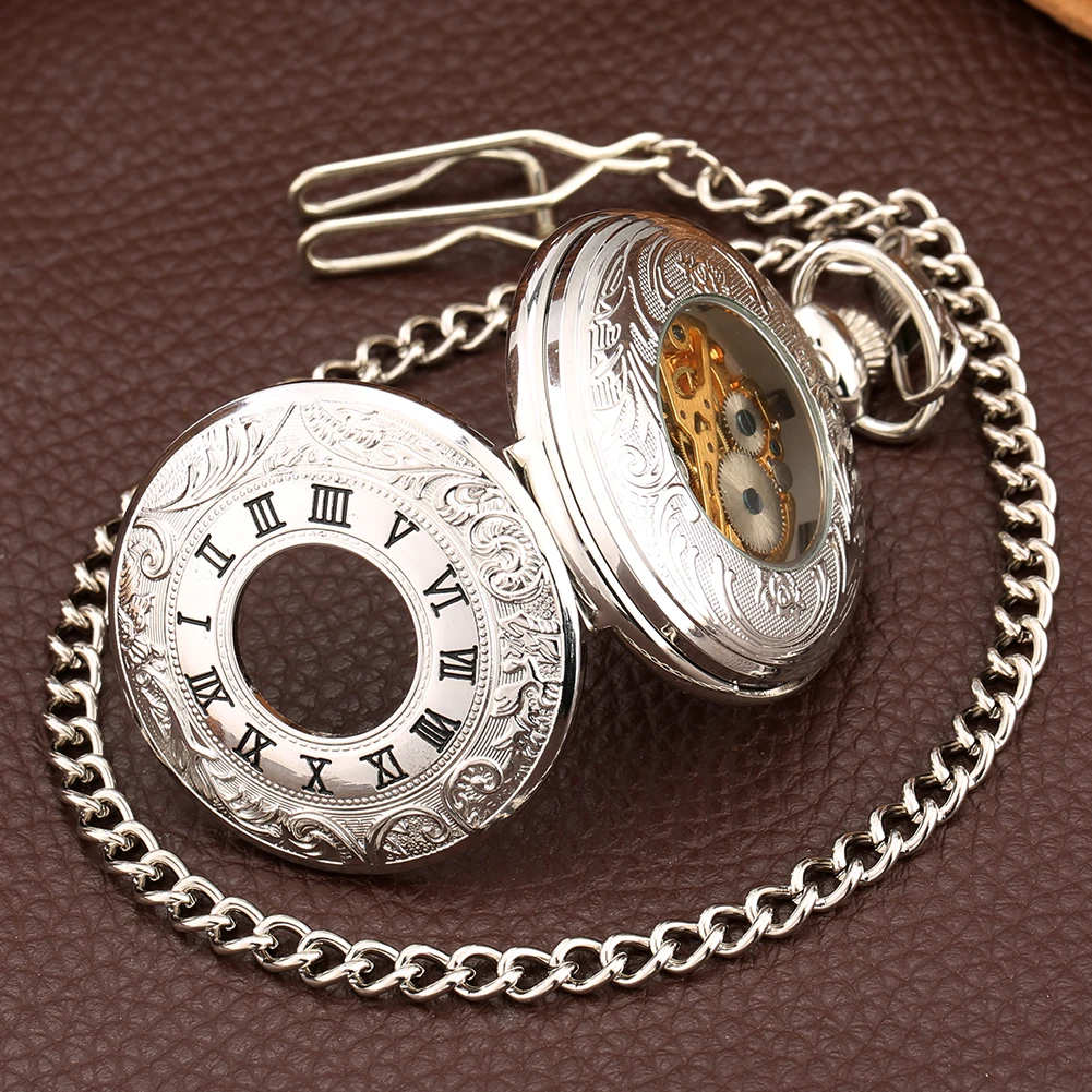 Silver Manual Mechanical Pocket Watch Fob Chain Roman Numerals Carved Display Classic Vintage Hand Winding Pocket Clock