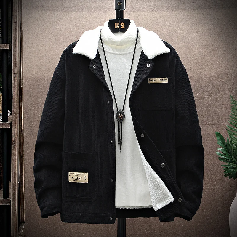 Jacket Men Winter Plus Lamb Wool Men's Warm Thick American Style Casual Corduroy Coat High Street Trend Tops Black