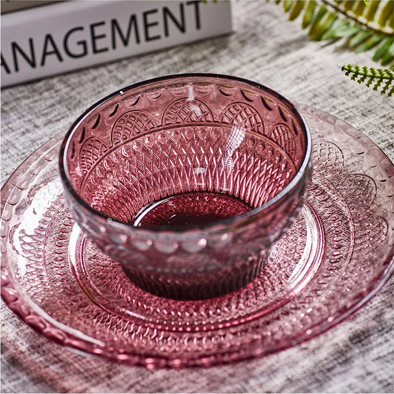 

Европейская классическая тарелка, стеклянная чаша для фруктов, цветные стеклянные чаши с тиснением и набор тарелок, Сервировочный набор посуды, тарелки для зарядки