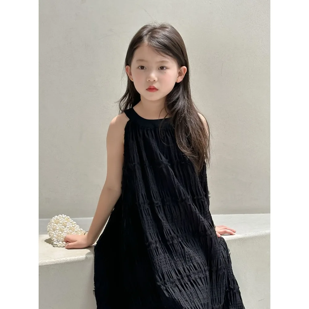 Платье для девочек корейский стиль Новинка лета 2024 однотонный черный топ с