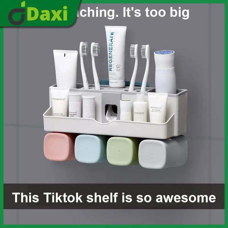 

Punch-free Toothpaste Dispenser Moisture-proof Automatic Toothpaste Rack With 4 Pieces Cup Wall Mount Toothbrush Holder Durable