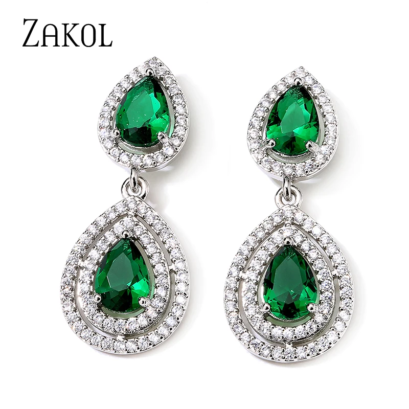 

ZAKOL Luxury Blue Green CZ Water Drop Zircon Dangle Earrings for Women Elegant Party Female Jewelry Accessories EP1154