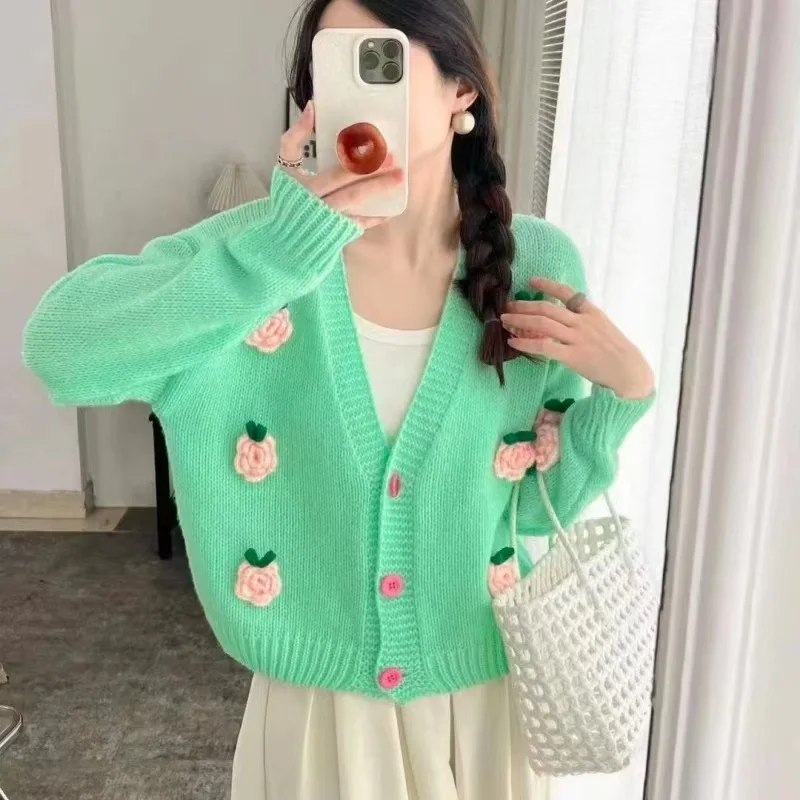 Романтический вязаный кардиган с 3D цветами женская куртка v-образным вырезом и
