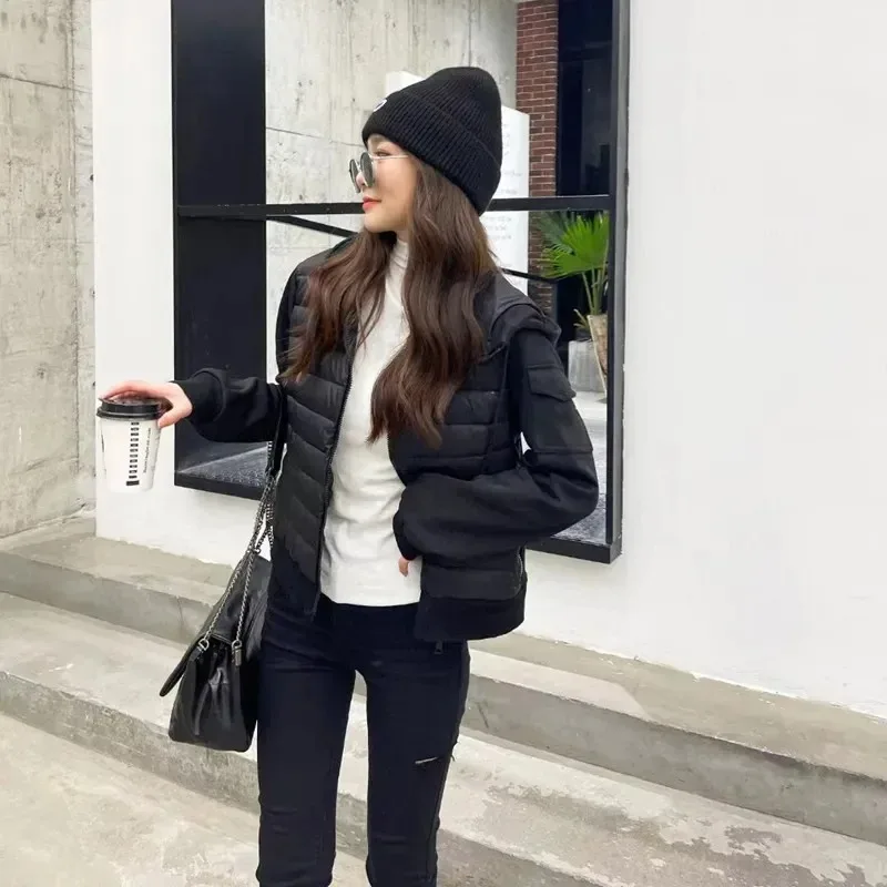 

2022 New Women Hooded Patchwork Down Short Spring Cardigan Jacket Casual Fashion Female Clothing Autumn Black Sweatshirts S-M-L