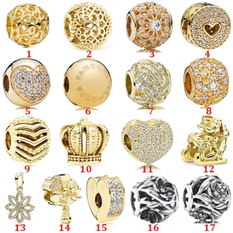 

925 Sterling Silver Gold Colour Shiny Heart Clip beads Charm Suitable For Original Pandora Bracelet Jewelry