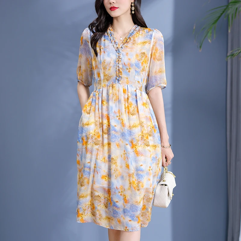 100% Real Silk Women's Print Dress Diamonds V-neck Half Sleeve Elegant Fashion Dresses For Women A-line Woman Long Midi Dress