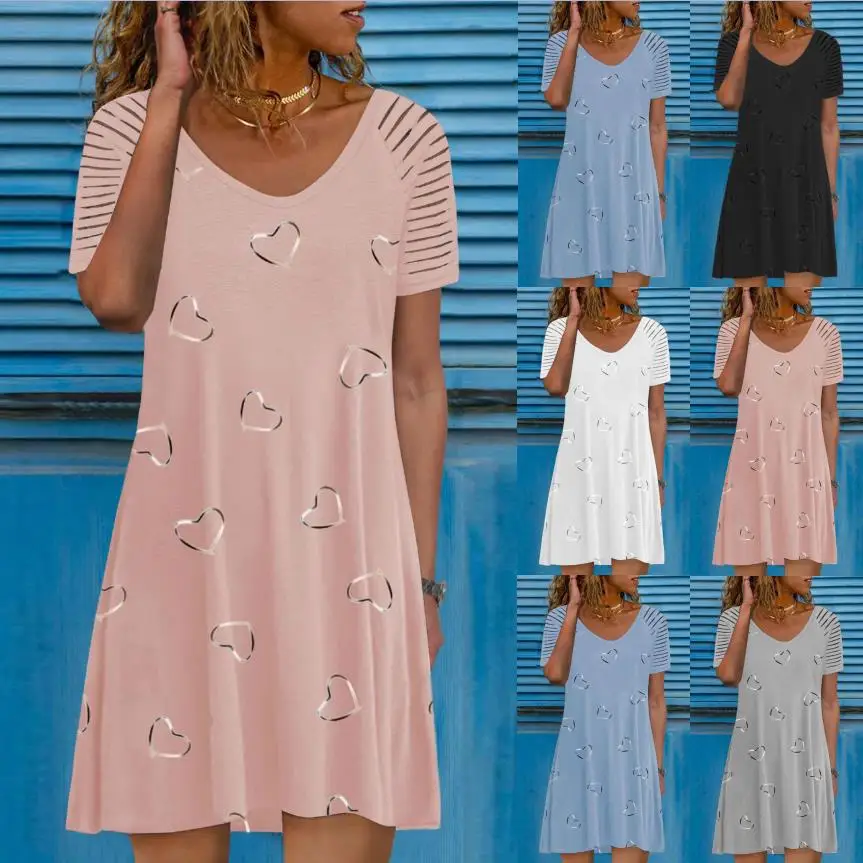 

Women Summer Casual V Neck Short Sleeve Striped Stitching Heart Print Dress Loose Elegant Large Size Pullover Tshirt Party Dress
