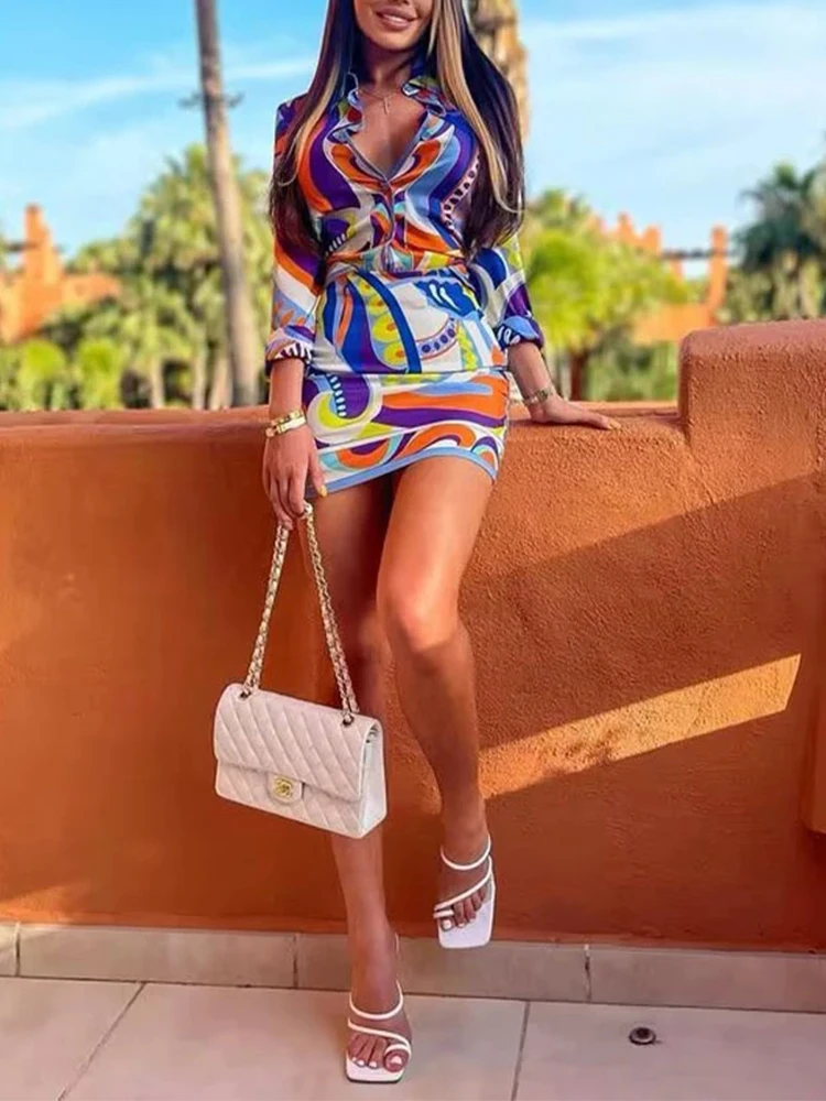 

TRAF 2022 Female Clothing Elegant Women Blouses Fashion Print Wide-leg Pants Five-Piece High Waist For Lady Shorts Set