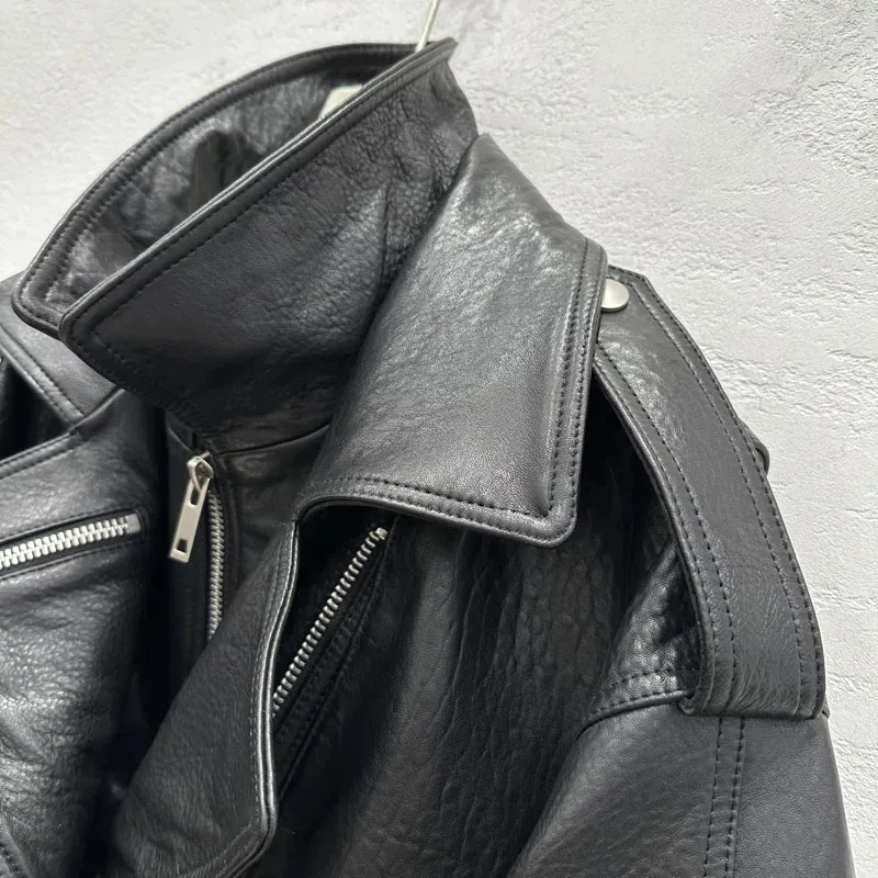 Фото Куртка из натуральной кожи с отложным воротником, одежда для модели мотоцикла, стильное короткое женское пальто, весеннее пальто с большими карманами №3