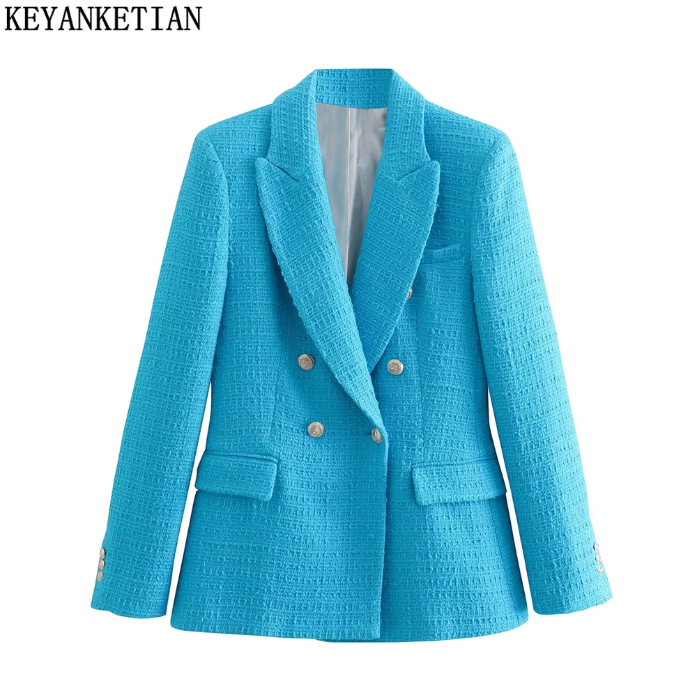

KEYANKETIAN ZA 2022 Textured Blue Blazer Ladies Tweed Jacket Ladies Spring Long Sleeve Jacket Elegant Ladies Blazer