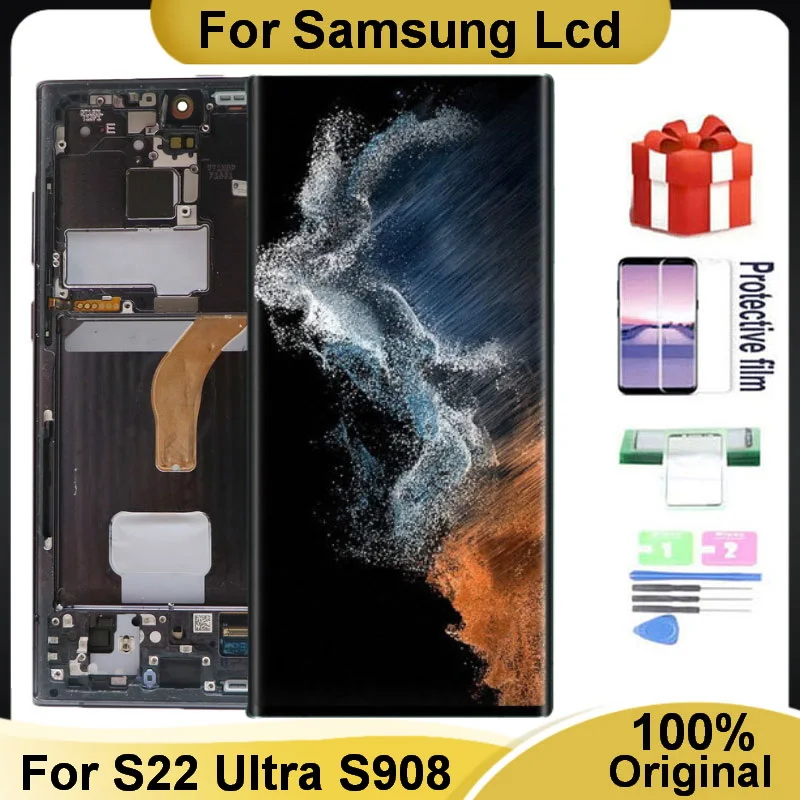 Original AMOLED Display For Samsung Galaxy S22 Ultra 5G LCD S908 S908U SM-S908B/DS Touch Screen Digitizer Assembly With Frame