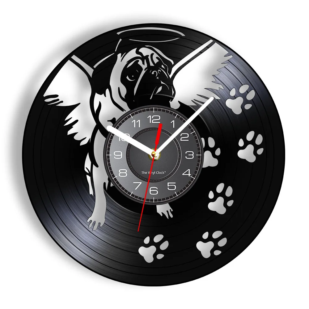 

Bulldog with Angel Wing Modern Wall Art Clock England Bulldog Dog Paw Wall Decor Wall Clock Vinyl Record Vintage Pug Dog Clock
