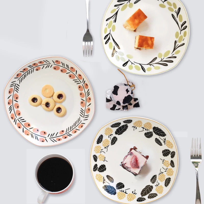 

3PCS New dinner Plate Dish Multi-function Food Fruits Dish Snack Dessert Plate Tray 8 inch flowers Painted dishes and plates set