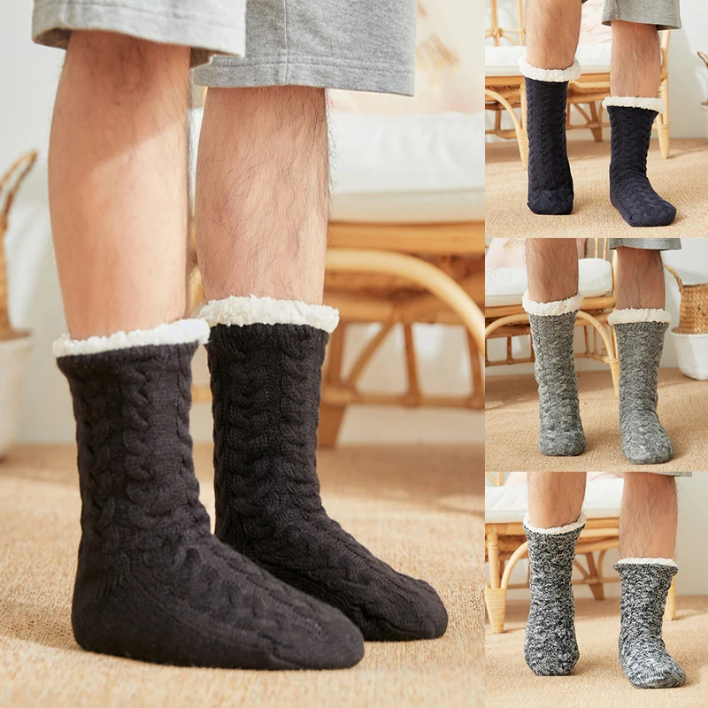 New Men Indoor Floor Socks Shoes Men Winter Fur Slippers Men Warm Thicken Plush Solid Bedroom Slippers Flip Flops Anti-Slip