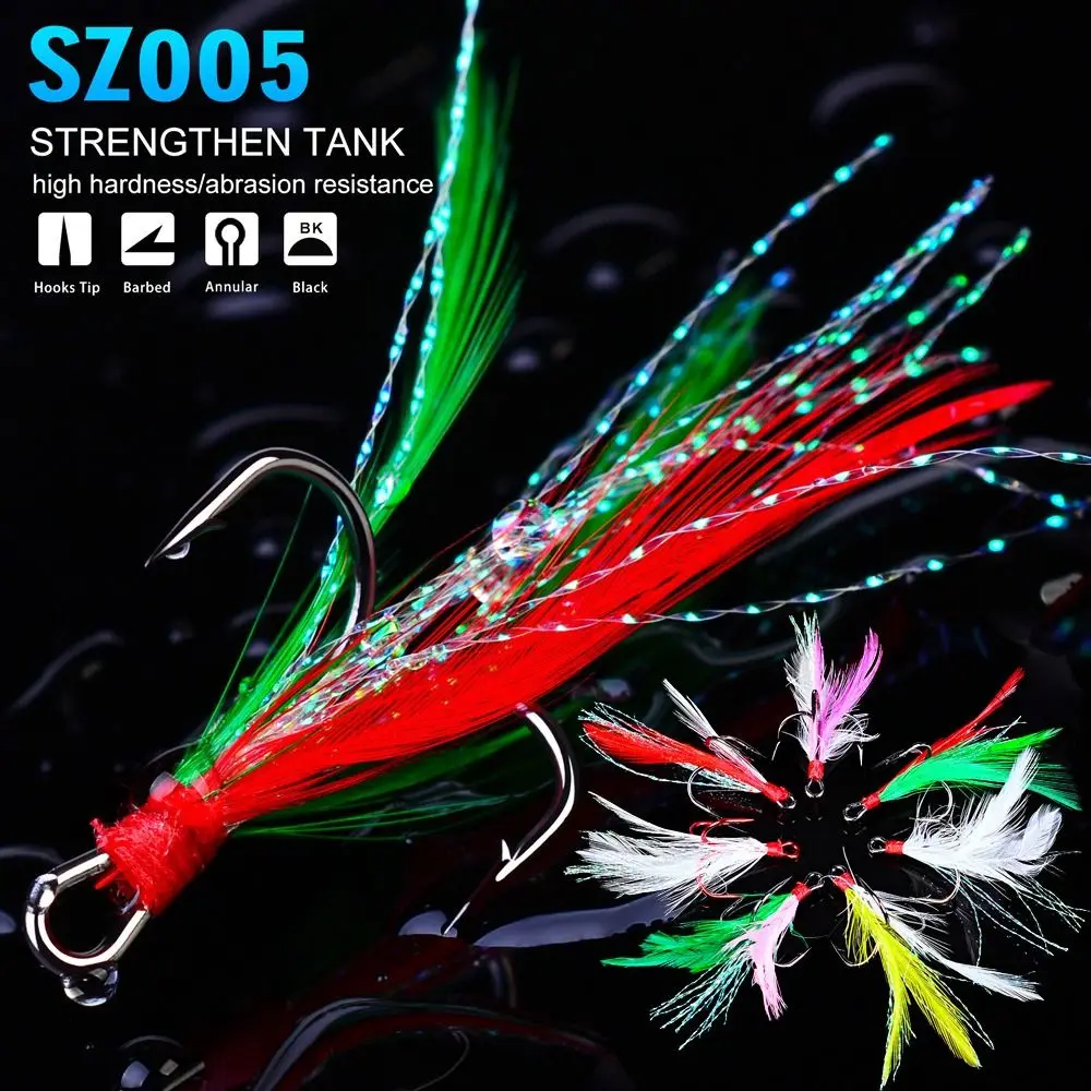 

Fishing Hooks 10pcs/lot High Carbon Steel Treble Hooks Colorful Fishing Jig Head Fishing Hook With Feather Lure Fishing Tackle