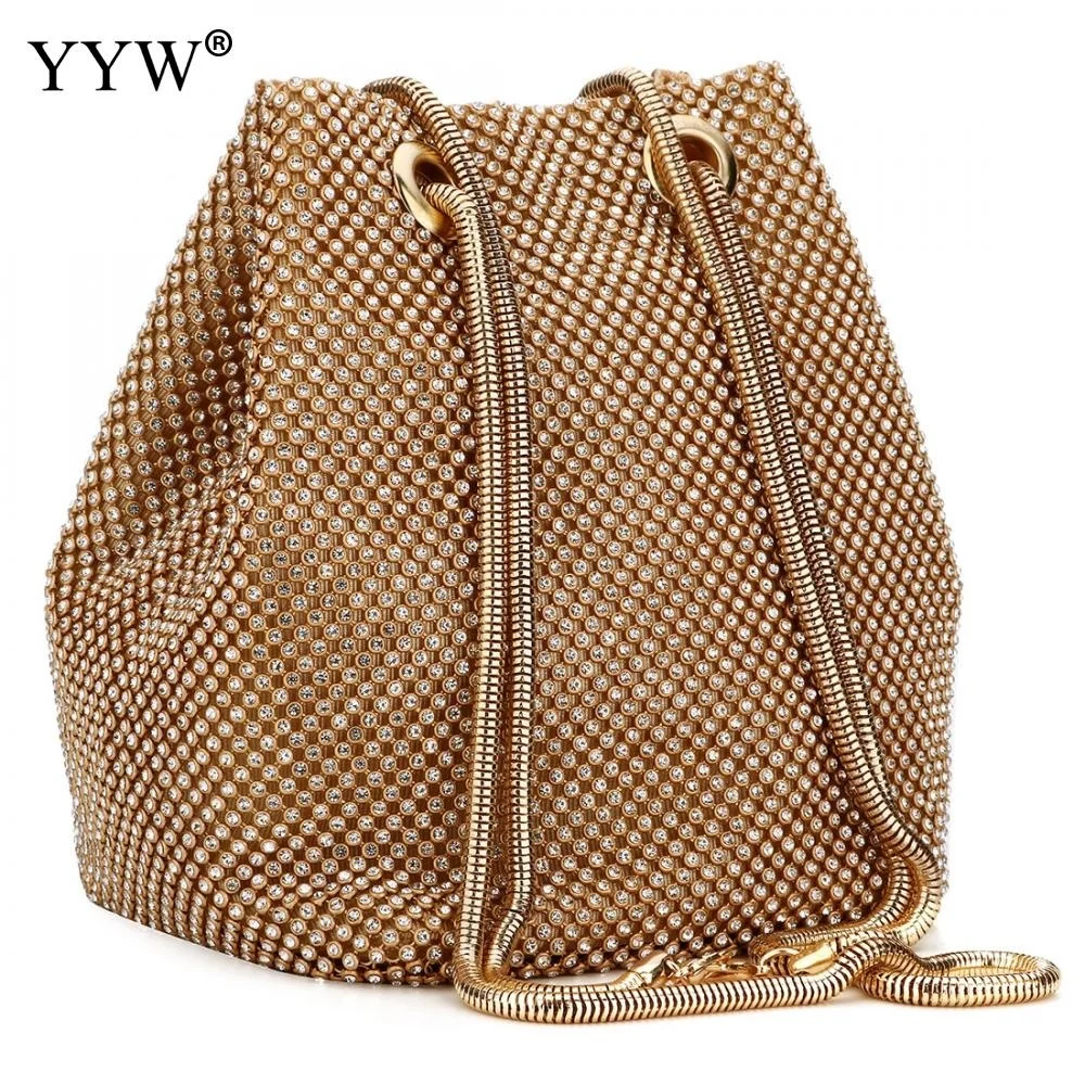 

Gold Zinc Alloy Bucket Bag Sac Main Femme Small Clutch With White Rhinestones Fashion Shoulder Bag Lovely Wedding Bag With Stone